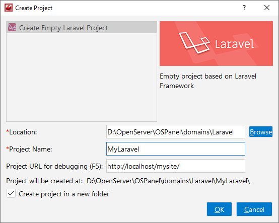 create laravel project in phpstorm